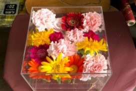 アクリルケースに収められている、ガーベラやカーネーションなどの花々。