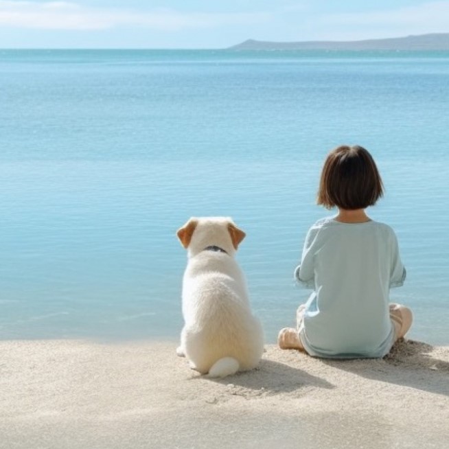 砂浜に座って海を眺めている仔犬と小さな女の子。